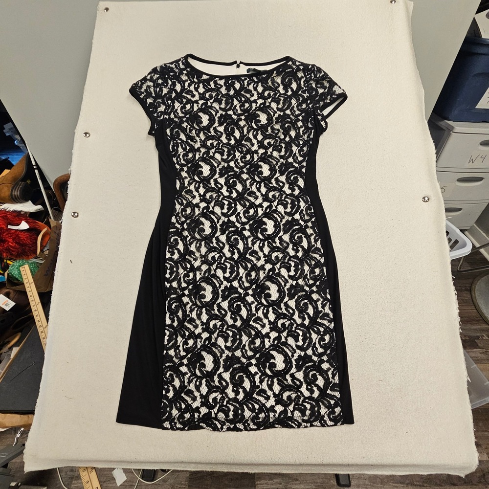 Lauren Ralph Lauren Black White Floral Lace Sheath Dress Cap Sleeve Size‎ 14